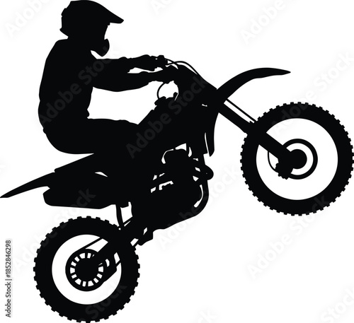 Motocross rider silhouette jumping dirt bike, extreme sports action, off road motorcycle stunt, adventure racing, black shadow illustration