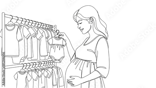 High-quality black continuous line art of pregnant woman shopping for baby clothes, maternity lifestyle, prenatal care, motherhood wellness illustration