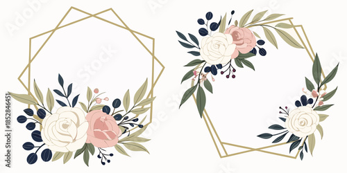 Flower Frame Watercolor Vector set. Flora Wreath Watercolor. Flower with gold frame. Rose and anemone flower. Wedding flower frame.
