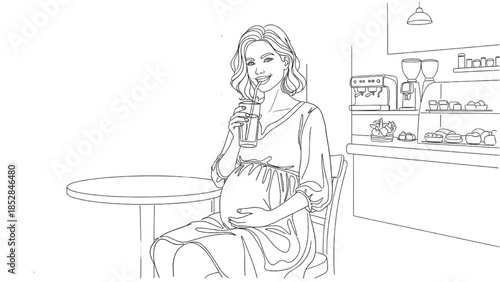 High-quality black continuous line art of pregnant woman sitting in café, sipping a drink and smiling, maternity lifestyle, prenatal wellness, motherhood illustration