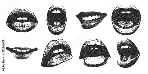 Expressive mouth screaming in high-contrast black and white photocopy look, grunge punk Y2K collage vibe. Halftone stipple patterns with brutalist retro design elements. Vector illustration for vintag