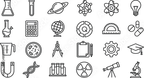 Science education line icons set, laboratory physics chemistry astronomy biology symbols collection, outline vector illustration for learning, research, technology design