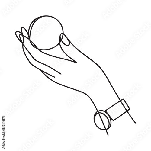 A delicate hand gently holding a round object in a minimalist line art style