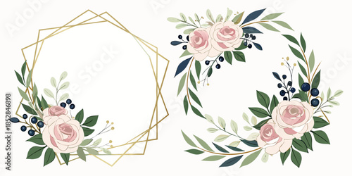Flower Frame Watercolor Vector set. Flora Wreath Watercolor. Flower with gold frame. Rose and anemone flower. Wedding flower frame.
