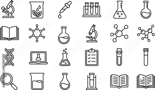 Science laboratory line icons set, chemistry biology research symbols collection, outline vector illustration for education, experiments, diagnostics and innovation technology