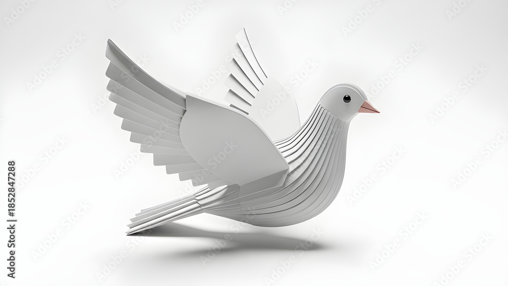 Fototapeta premium A symbolic white dove in flight, representing peace and hope, captured against a clean backdrop. The bird's wings are spread, conveying motion and freedom