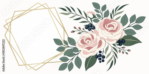 Flower Frame Watercolor Vector set. Flora Wreath Watercolor. Flower with gold frame. Rose and anemone flower. Wedding flower frame.