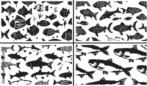 fish clipart illustration, shark silhouette art, sea animal drawings, ocean wildlife icons, hand drawn marine art, black white fish clipart, printable ocean animals, nautical illustration pack, fish o