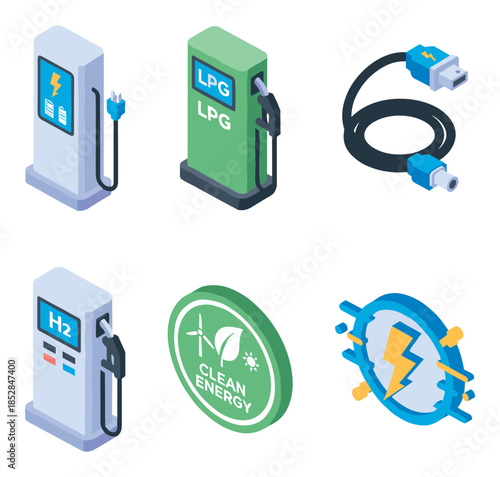 Energy and fueling technologies isometric icons set