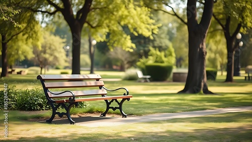 A serene park bench sits empty amidst lush greenery under natural daylight.