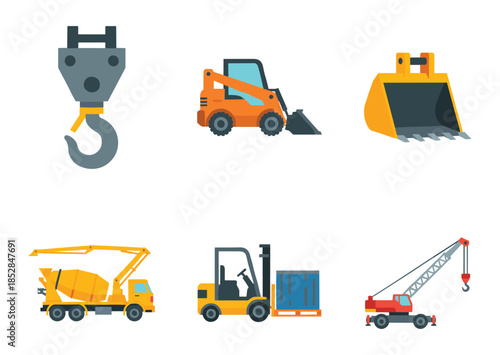 Construction and Heavy Machinery Flat Icons Set