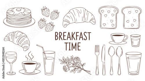 Delicious breakfast spread with croissants and fresh fruit Vector, illustration
