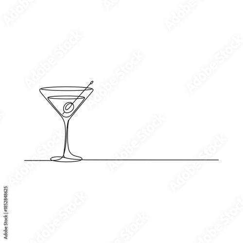 Minimalist one line drawing of a classic martini glass with an olive garnish