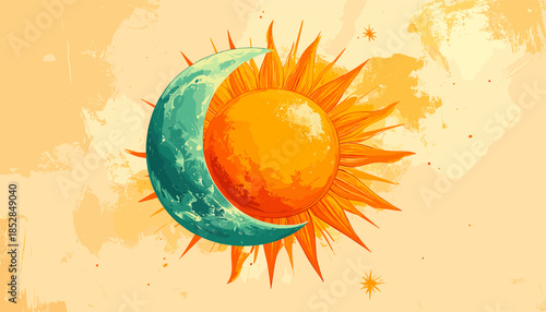 Illustration of a sun and moon in a watercolor style.