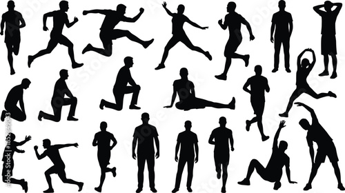 People silhouettes set, running, jumping, stretching, standing athletes, fitness exercise movement, sports activity poses, man woman figures, vector graphic collection.