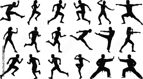 Diverse collection of active people silhouettes, featuring running, jumping, dancing, yoga, and martial arts athletes isolated on a white background.