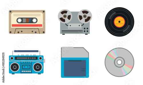 Vintage audio storage and playback icons set