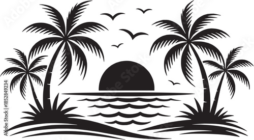 Tropical island landscape silhouette. Palm trees and sunset beach illustration. Vector illustration.