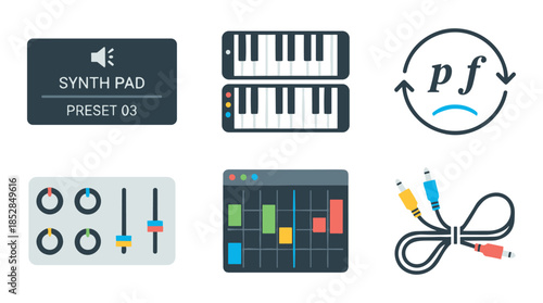 Music production and audio equipment flat icons set