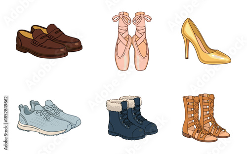 Footwear variety detailed illustrations set