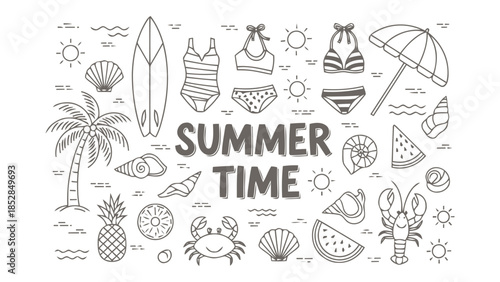 Summer time beach elements collection illustration Vector, illustration