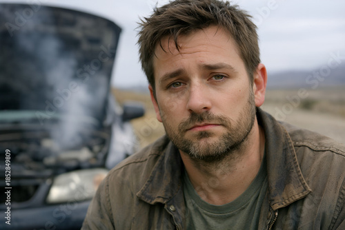 Stranded Man: A man faces adversity near his broken-down vehicle, the desert landscape providing a stark backdrop to his apparent despondency. 