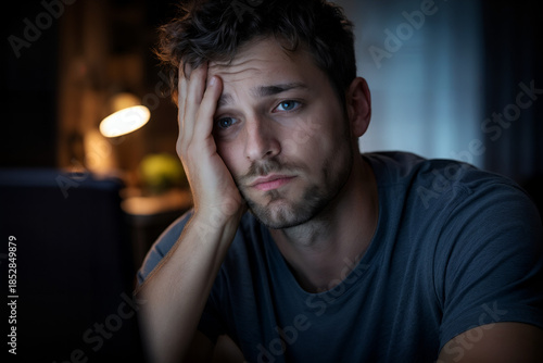 Solitude and Reflection: A contemplative individual finds himself immersed in a moment of introspection, as the soft glow of a screen casts shadows.