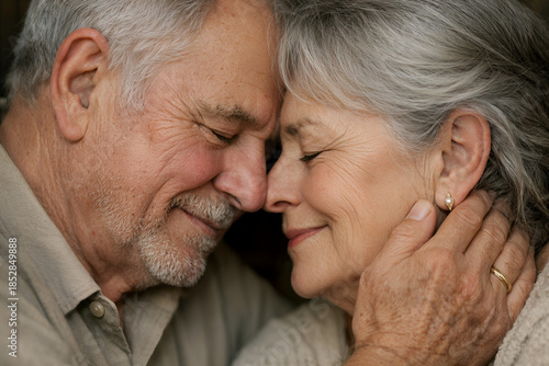 Everlasting Bond: An elderly couple shares a tender moment, their faces close as they express love and affection. Capturing the intimacy and depth of a lifelong partnership.