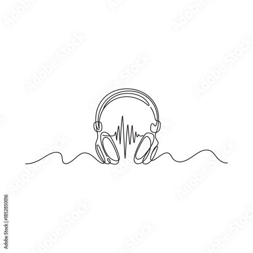 Minimalist line art of headphones combined with an audio waveform illustration