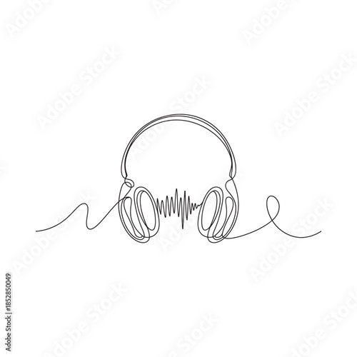 Minimalist line art illustration of headphones with sound wave detailing and continuous flow