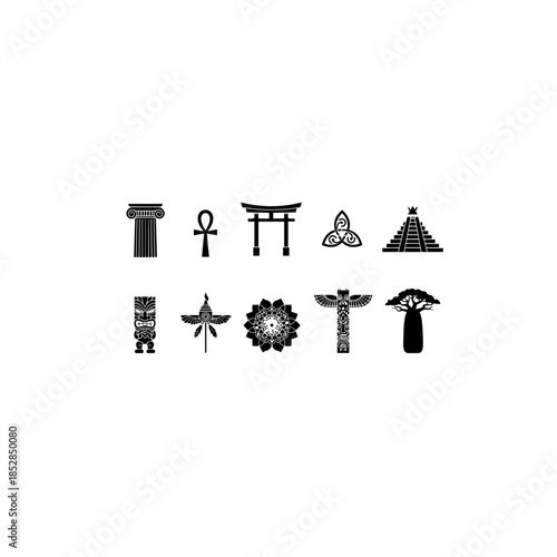Ancient symbols and architectural icons isolated on transparent background