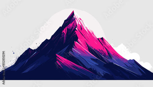 Vibrant mountain peak illustration with pink and blue hues against a light background, showcasing a stylized, geometric design.