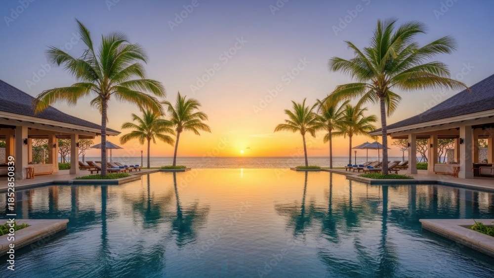 Fototapeta premium A luxury tropical resort with an infinity pool overlooking palm trees and the ocean at sunset, creating a relaxing and premium vacation atmosphere.