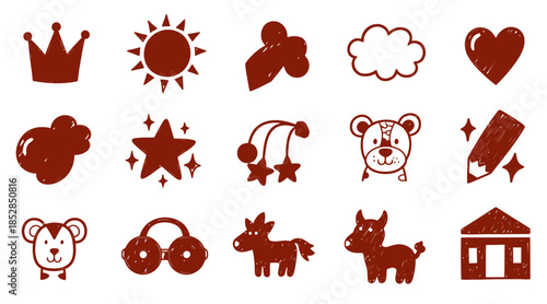 Kids Cute Doodle Icon Set Hand Drawn Color Crayon Texture Funny Animals Naive Childish Print Nursery Comic Illustration Red Crown Sun Star Heart Kindergarten Pencil Scribble Kids Doodle