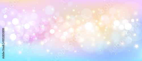 Rainbow unicorn background with glitter star, sky cloud and bokeh light. Holographic space wallpaper. Fairy tale iridescent gradient backdrop for mermaid or kawaii. Cute candy or birthday party banner