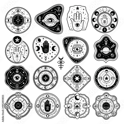 Stunning collection of modern occult magic symbols featuring eyes moons and Hamsa hands for mystical design projects