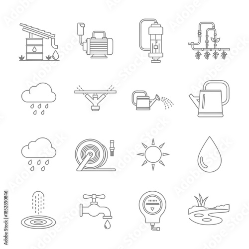 Essential irrigation and watering system icons perfect for modern agricultural and gardening concept designs