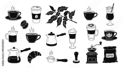 Coffee Icon Set Hand Drawn Cafes Doodle Illustration Morning Hot Beverage Breakfast Cup Take Away Eatery Barista Menu Cartoon Object Latte