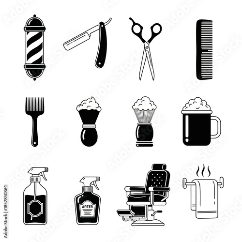 Essential black and white icons detailing professional barber shop tools and vintage salon equipment for modern branding