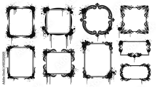 Graffiti Square Frame Set Spraypaint Rectangle Border Grunge Messy Texture Liquid Drop Urban Art Background Empty Space