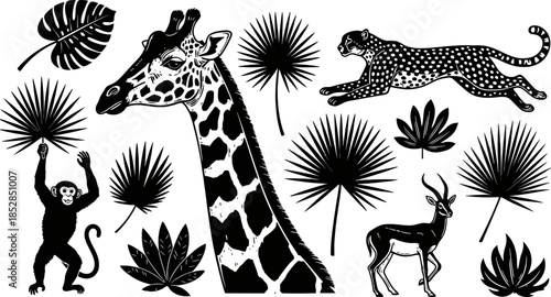 African Animal Linocut Print Hand Drawn Tropical Nature Logo Giraffe Silhouette Monkey Wild Exotic Decorative Logotype Kit Palm Leaf Cheetah Gazelle Jungle