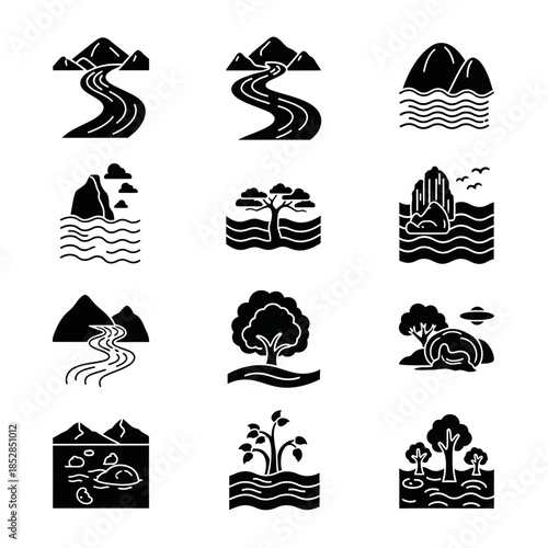 Explore stunning nature icons for your next design project featuring mountains, rivers, trees, and lakes in a clean, modern style perfect for apps and websites