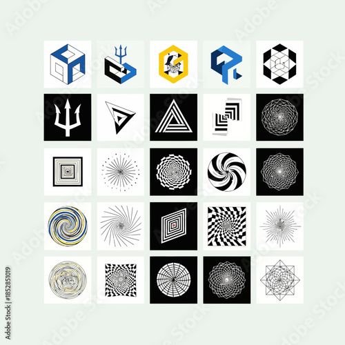 Modern geometric logo designs in black, white, and blue offering diverse creative options for branding and visual identity projects needing a unique twist