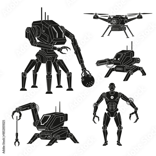 Futuristic robot collection featuring advanced drone technology, perfect for science fiction concepts and cutting-edge technology designs with robotic elements