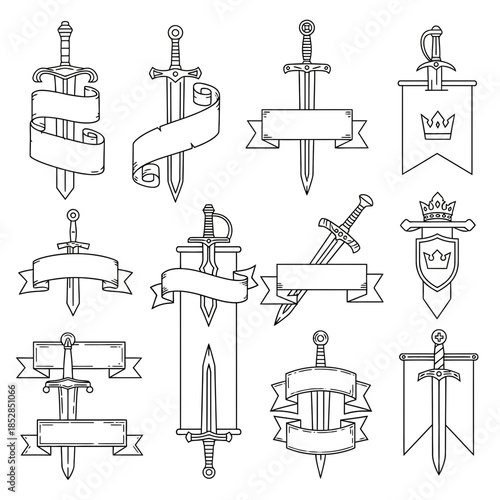 Intricate sword and banner designs evoke medieval fantasy and historical drama, perfect for games, logos, or thematic projects that need vintage flair