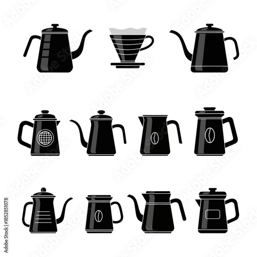 Elegant black coffee brewing pots, perfect for showcasing coffee culture, barista lifestyle, or modern kitchen appliances in minimalist design projects