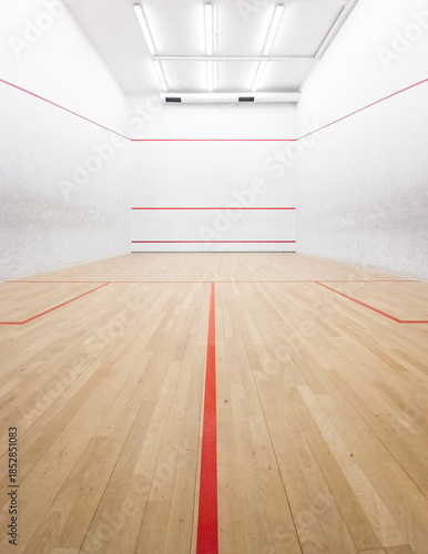Fotografi Indoor squash court with wooden floor and white walls