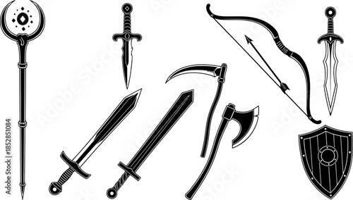 RPG Weapon Icon Set Fantasy Game Sword Collection Dungeon Dragon Battle Attack Object Kit Magic Sorcerer Staff Warrior