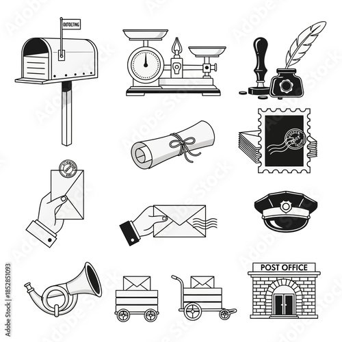 Vintage post office icons bring classic charm to your design project, offering a nostalgic touch with mailboxes, scales, and traditional postal elements