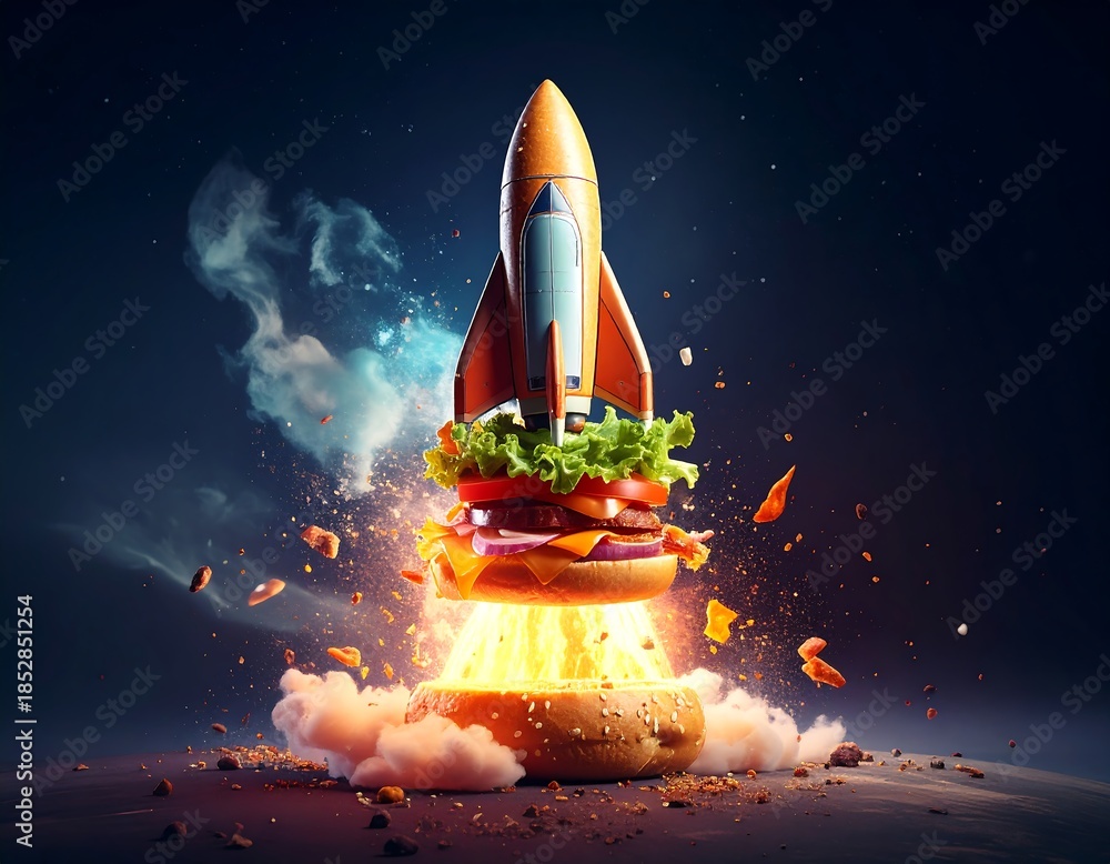 Obraz premium Rocket burger blasting off into space with fiery explosion